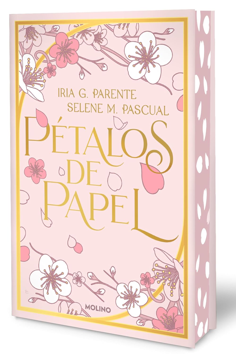  Portada del libro Pétalos de Papel edición limitada con bordes pintados y firmado por las autoras, novela romántica.
