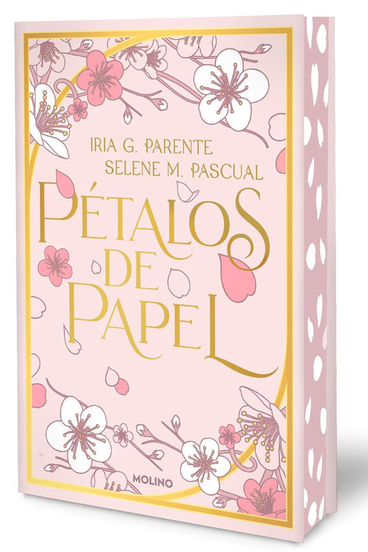  Portada del libro Pétalos de Papel edición limitada con bordes pintados y firmado por las autoras, novela romántica.